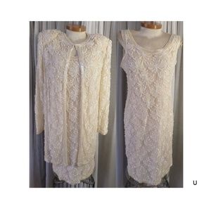 Lady XL Cream Formal Dress Jacket Set Bead Sequin